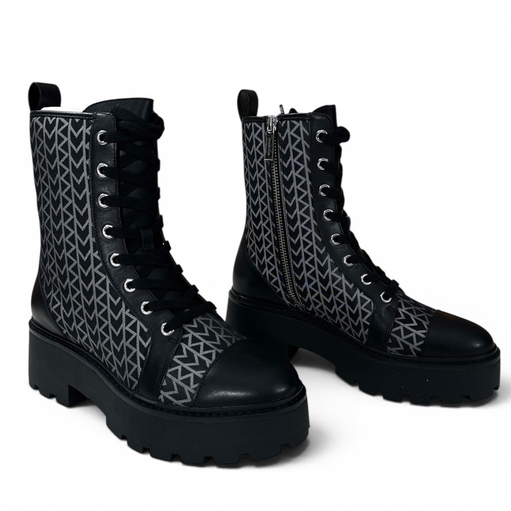 Michael Kors Blake‎ Logo Jacquard Leather Lace Up Combat Boots Black Wm 6.5 NIB
